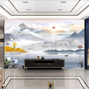 岩板电视背景墙客厅，中式山水大理石沙发，影视墙高温微晶石瓷砖