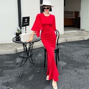 红色连衣裙女夏季时尚拼接雪纺，五分袖长裙纯色修身包臀气质鱼尾裙