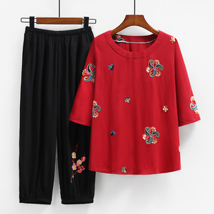 中老年妈妈夏装棉麻红色中袖t恤纯棉大码两件套80岁奶奶短袖上衣