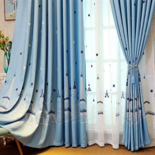 地中海风格城堡棉麻刺绣花窗帘纱儿童房男孩成品卧室遮光布料