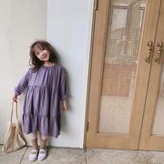 韩国童装儿童森系宽松棉麻格子连衣裙 韩国女童小复古宽松娃娃裙