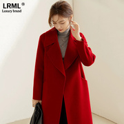 红色双面羊绒大衣女，中长款秋冬季修身高端毛呢外套气质显瘦风衣