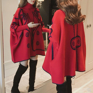 2022秋冬季中长款高领套头针织衫斗篷红色毛衣女装新年蝙蝠衫外套