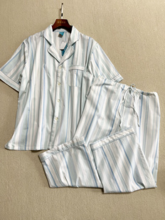 纯棉短袖长裤男女睡衣，两件套经典条纹气质，翻领家居睡衣套装夏季