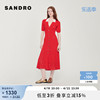 sandrooutlet春秋女装法式v领收腰针织，红色连衣裙长裙sfpro02742