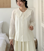 韩国大码女装2024冬装时尚花朵领系扣淑女气质长袖衬衫特