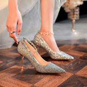 6681-60C法式亮片婚鞋水晶鞋礼服尖头单鞋高跟鞋淑女气质名媛