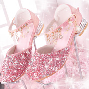 女童秋鞋2022粉色演出礼服水晶鞋，儿童高跟鞋女公主女宝小皮鞋