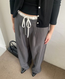 Unique SEI街头韩版拼接腰部系带设计百搭条纹暗纹垂感西装休闲裤