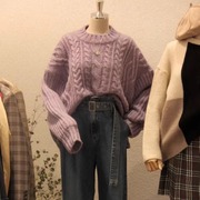 粉紫色蝙蝠袖麻花马海毛，毛衣2023秋冬慵懒宽松针织衫韩国女装