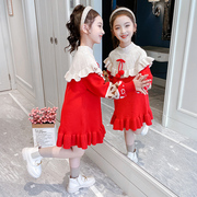 女童毛衣连衣裙秋冬款女孩，红色针织裙儿童，韩版洋气公主裙豹纹