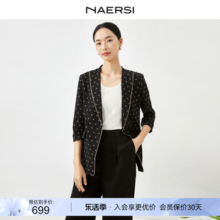 naersi娜尔思2024春季七分袖，外套西装领黑色西装女通勤上衣