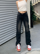 胖妹妹大码高腰牛仔裤，女宽松直筒阔腿拖地裤高街辣妹，长裤慵懒裤子