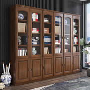 实木橡木书柜带玻璃门，三门简约中式书架，储物现代书橱办公室文件柜