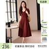 xwi欣未法式方领短袖连衣裙，女夏季复古优雅高腰显瘦红色裙子