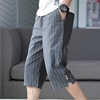 棉麻七分裤男士夏季薄款直筒，半截中褲子宽松条纹，外穿7分休闲短裤