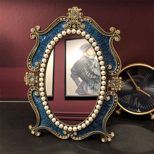 欧式复古镜子化妆镜公主镜台式书桌韩国台面镜，卧室单面梳妆镜大号