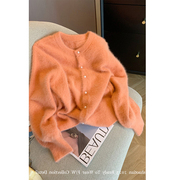 鄂尔多斯市产温柔风橙色圆领软糯针织，外套女秋冬甜美减龄毛衣开衫
