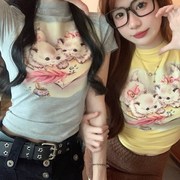辣妹卡通猫咪印花黄色短袖t恤女夏季短款紧身显瘦多巴胺穿搭上衣