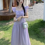紫色方领飞飞袖连衣裙女夏季镂空露腰修身气质减龄度假长裙