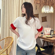 国潮中国风新中式t恤女宽松大版小个子袖口，拼接撞色短袖上衣女