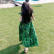 巴拉女童无袖连衣裙绿色印花时尚儿童洋气吊带裙女大童长裙背带裙