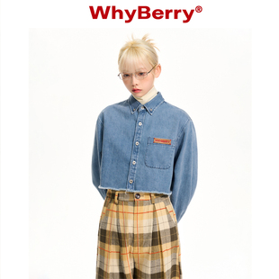 whyberry22aw“bai搭丹宁，”短款衬衫，外套复古毛边牛仔衬衣女