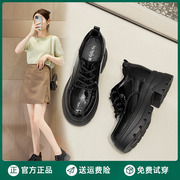 黑色松糕鞋子女2023年秋季系带休闲厚底小皮鞋，小个子增高单鞋