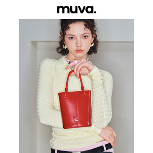 MUVA手拎小水桶包手提包斜挎包包女高级感红色结婚包2023真皮