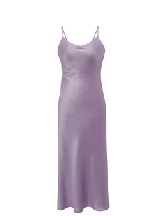 夏季浅紫色内搭醋酸缎面光感，吊带长裙丝绸，斜裁纯色收腰仙女裙