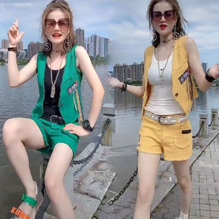 套装女2024夏季马甲短外套百搭字母破洞短裤韩版时尚两件套女