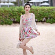 夏季印花裙子连体平角裤雪纺纱长袖防晒沙滩海边游泳衣女