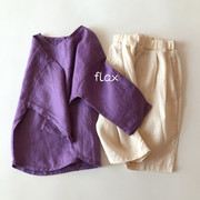 男童亚麻衬衫女童圆领棉麻上衣儿童森系复古韩版宽松套头紫色衬衣