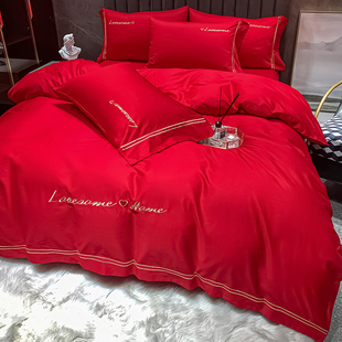 高档时尚简约结婚床上用品四件套D全棉纯棉婚房喜被大红色刺绣