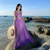 绝美紫色深v挂脖吊带镂空连衣裙雪纺沙滩，裙海边度假气质飘逸长裙