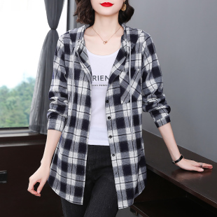 纯棉格子衬衫女装2025春秋季新款连帽大码长袖上衣中长款衬衣外套