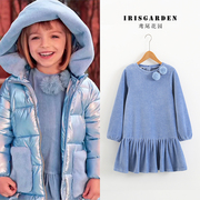 秋冬氛围感意大利女小童，天蓝色棉条绒，可爱毛球长袖连衣裙3-8岁