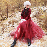 冬季国风红色羊毛呢大衣，红色修身裙摆式连帽风衣长款女潮