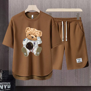 夏季华夫格小熊休闲套装男大码运动服短袖T恤学生宽松短裤两件套
