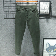 香港军绿色春秋牛仔裤男士，修身小脚小直筒秋季高端深绿色休闲长裤
