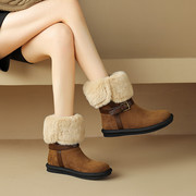 雪地靴低跟中筒靴圆头，加绒保暖平底女棉鞋冬季舒适休闲两穿女靴子