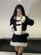 雪域公主 韩系小香风设计感千金风毛领黑色外套半身长裙两件套装