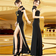 复古旗袍式连衣裙改良时尚，长款气质显瘦表演礼服，黑色优雅工作服女