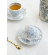 复古蓝系牡丹花下午茶杯碟陶瓷套装田园风咖啡牛奶杯碟英式红茶杯