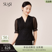 sussi古色23夏季黑色，通勤蕾丝雪纺，短袖上衣衬衫女