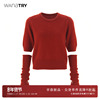 Wana try打底衫女2023冬新年正红羊毛圆领短袖袖套两穿毛衣针织衫