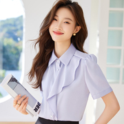 韩版通勤荷叶边短袖衬衫，女夏季淑女风雪纺时尚洋气，女神范衬衫(范衬衫)