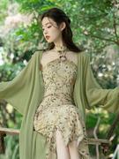 夏新泰式显瘦雪纺气质，绿性感改良旗袍针织开衫连衣裙十动漫