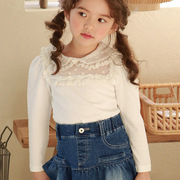 2023韩版春款女童t恤衫儿童女孩洋气蕾丝翻领，长袖打底衫上衣