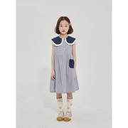 女童连衣裙夏装2023儿童蓝色，条纹纯棉甜美花边，领洋气无袖裙